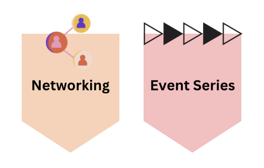 Group of people engaged in networking and arrows represents a regular event series 